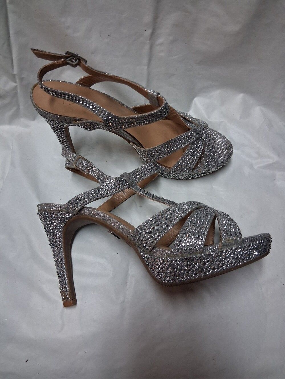 Thalia Sodi Silver Crystal Embellished Strappy High-Heel Sandals Sz 8.5